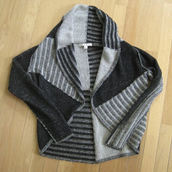 CAbi Mixed Patchwork Circle Cut Cardigan Sweater Size S Black Grey Wool Blend - Picture 1 of 5